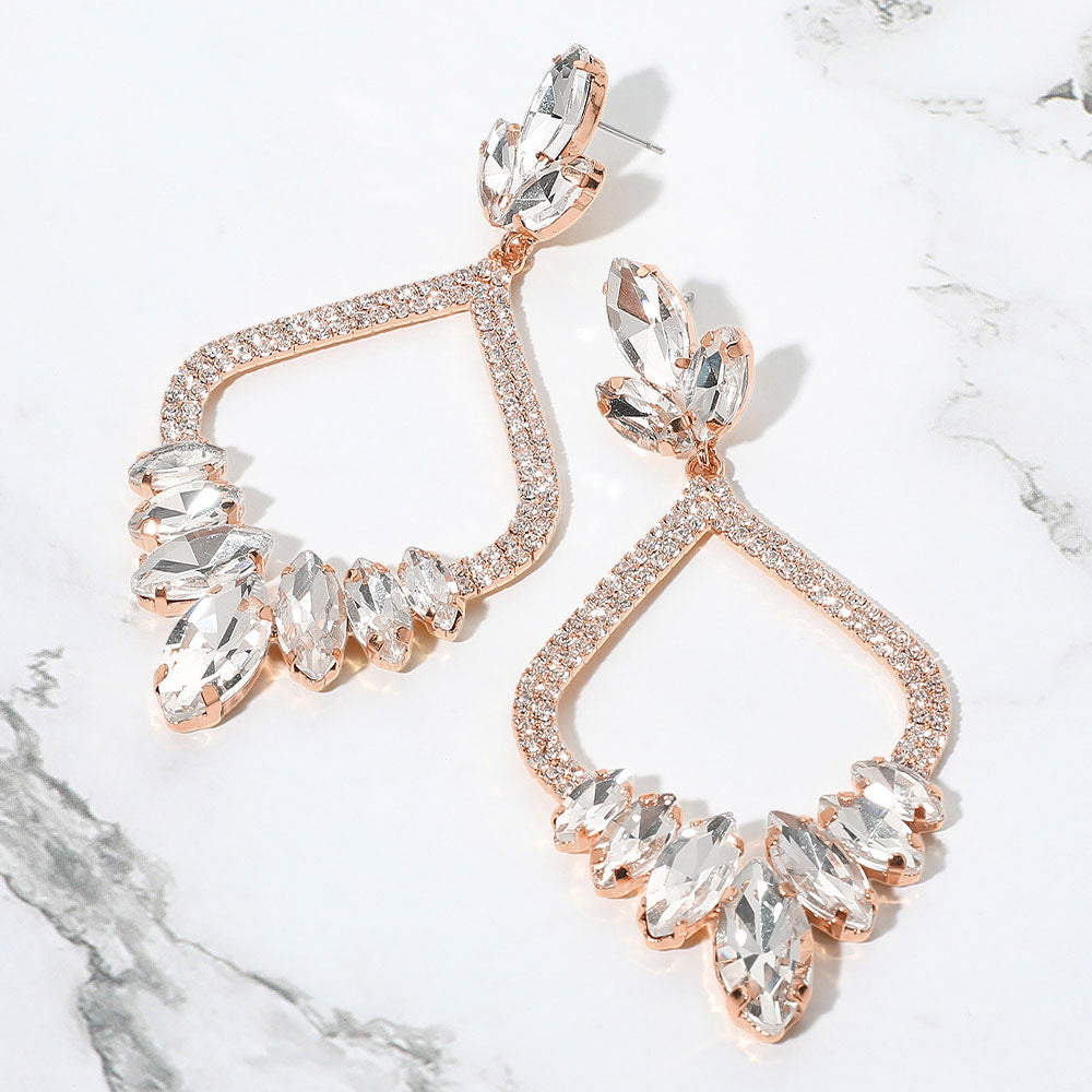 Madeline Love Clear, Gold Marquise Stone Cluster Embellished Rhinestone Paved Open Chandelier Dangle Evening Earrings