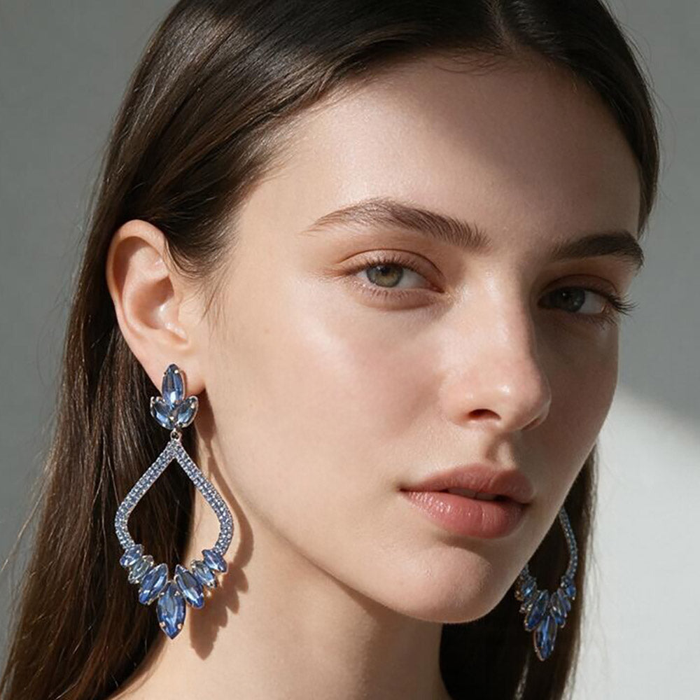 Madeline Love Light Blue Marquise Stone Cluster Embellished Rhinestone Paved Open Chandelier Dangle Evening Earrings