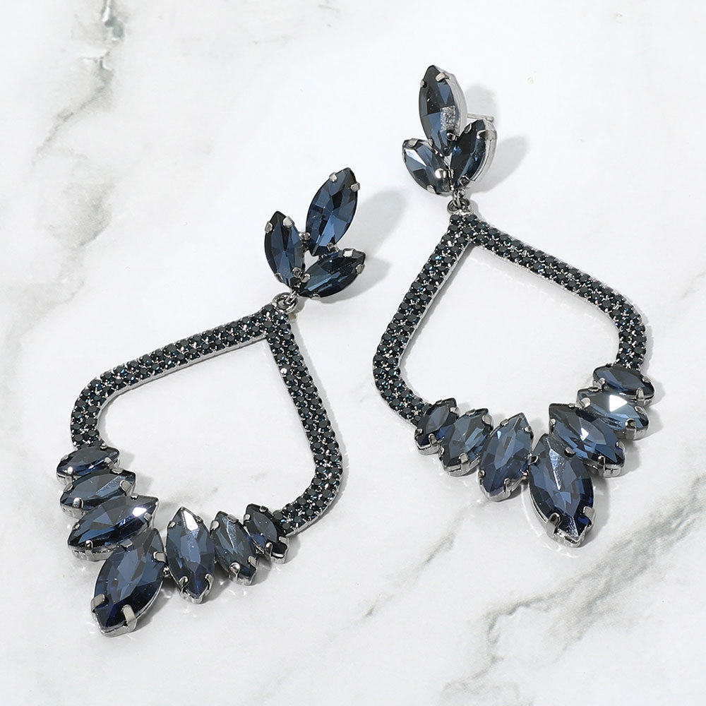 Madeline Love Navy Marquise Stone Cluster Embellished Rhinestone Paved Open Chandelier Dangle Evening Earrings