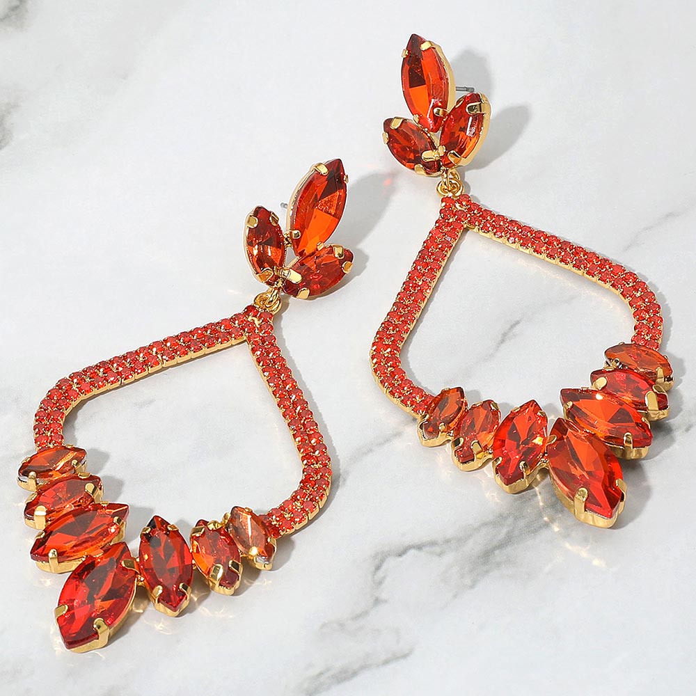 Madeline Love Orange Marquise Stone Cluster Embellished Rhinestone Paved Open Chandelier Dangle Evening Earrings