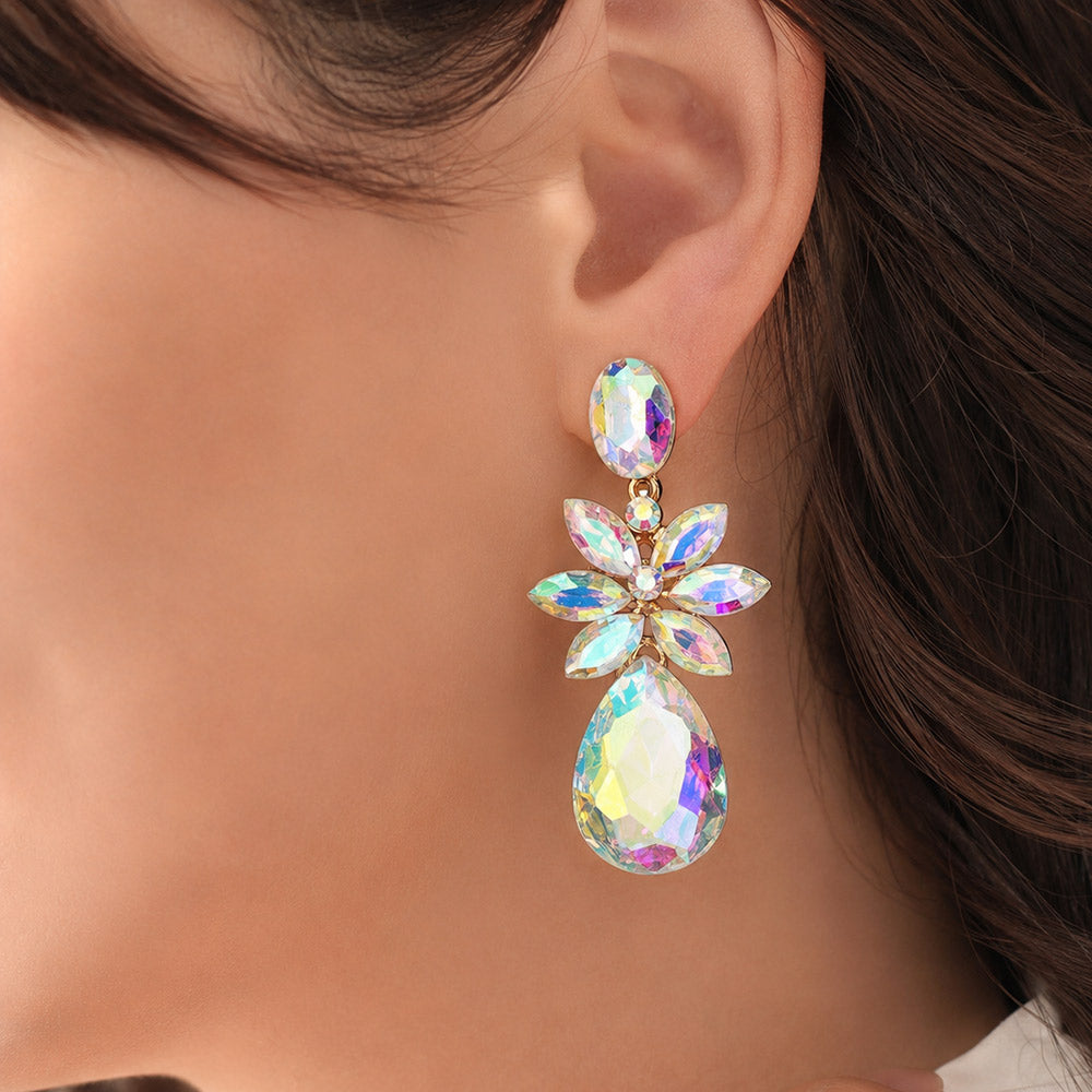 Madeline Love AB, Gold Marquise Stone Flower Teardrop Dangle Evening Earrings