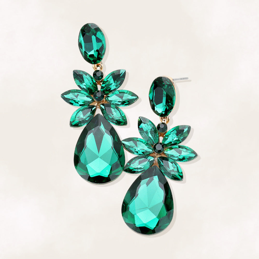 Madeline Love Gold, Green Marquise Stone Flower Teardrop Dangle Evening Earrings