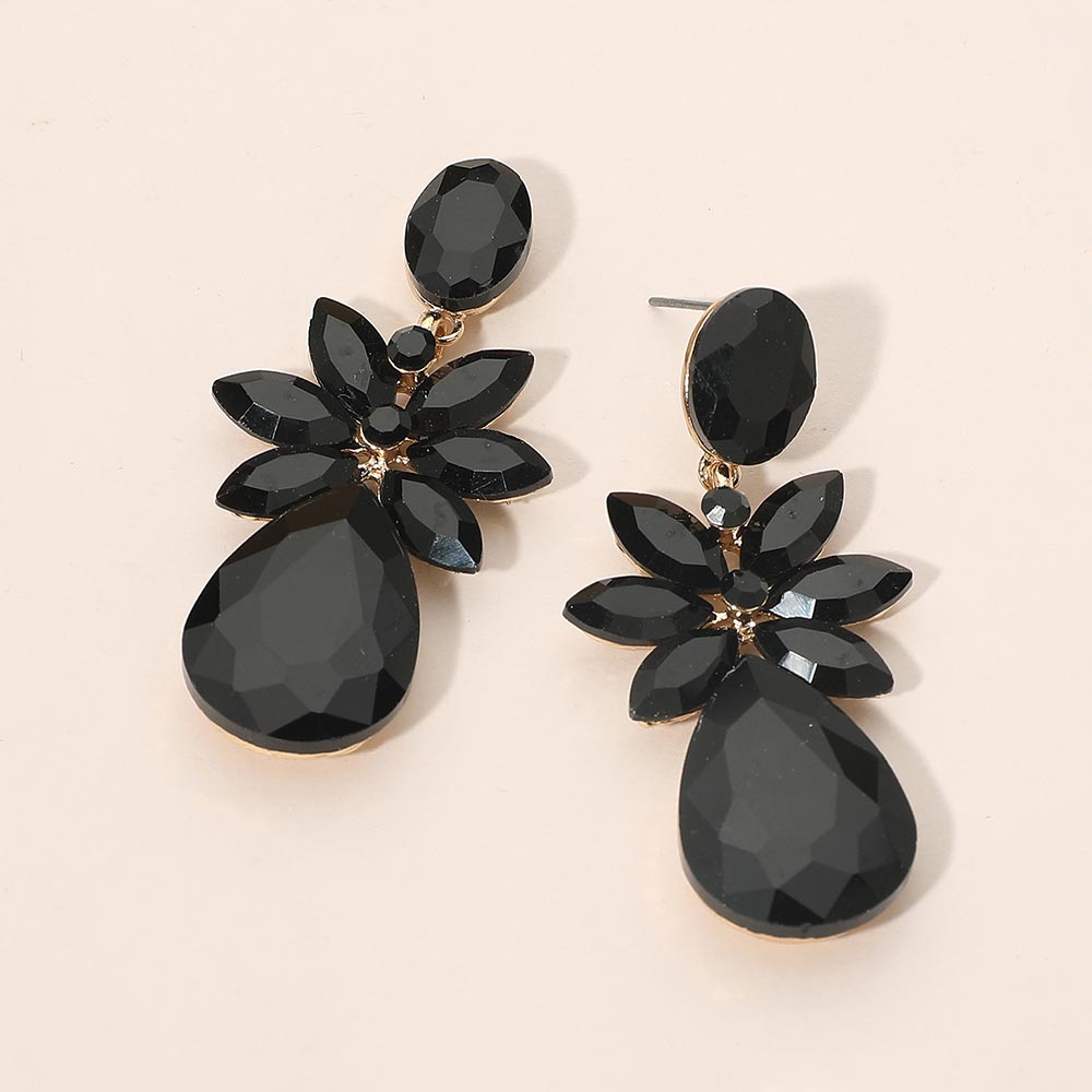 Madeline Love Gold, Jet Black Marquise Stone Flower Teardrop Dangle Evening Earrings