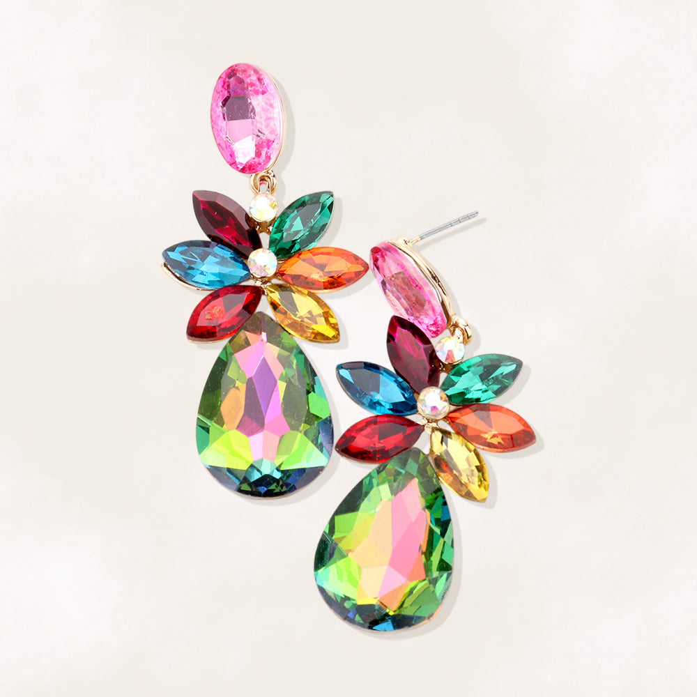 Madeline Love Gold, Multi Marquise Stone Flower Teardrop Dangle Evening Earrings