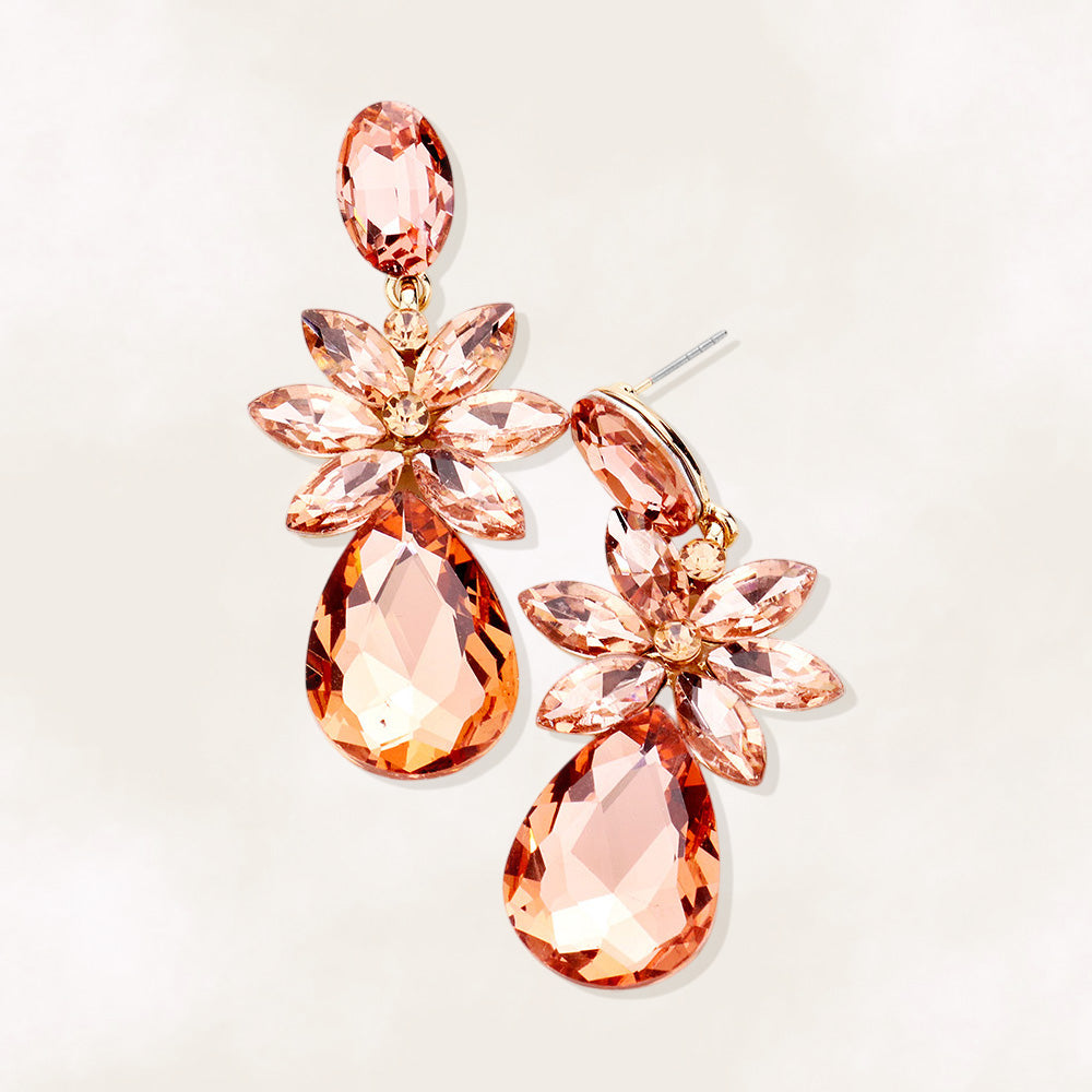 Madeline Love Gold, Peach Marquise Stone Flower Teardrop Dangle Evening Earrings