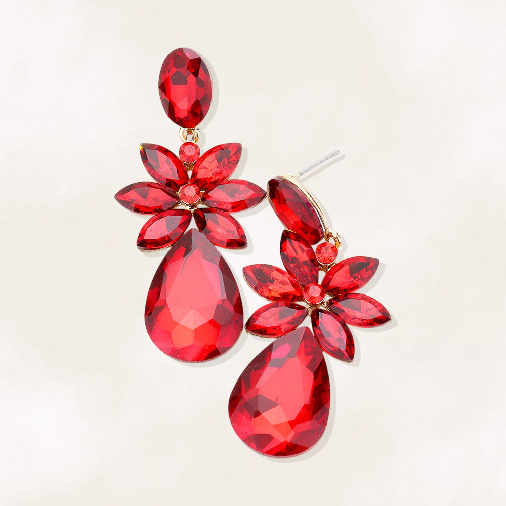 Madeline Love Gold, Red Marquise Stone Flower Teardrop Dangle Evening Earrings