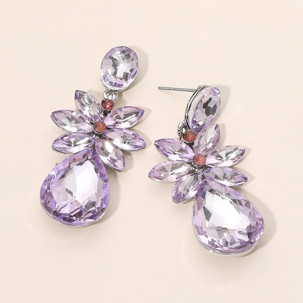 Madeline Love Lavender, Rhodium Marquise Stone Flower Teardrop Dangle Evening Earrings