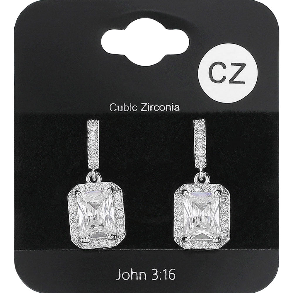 Madeline Love Clear, Rhodium Square CZ Stone Cluster Dangle Evening Earrings