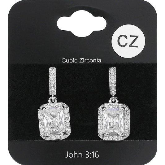 Madeline Love Clear, Rhodium Square CZ Stone Cluster Dangle Evening Earrings