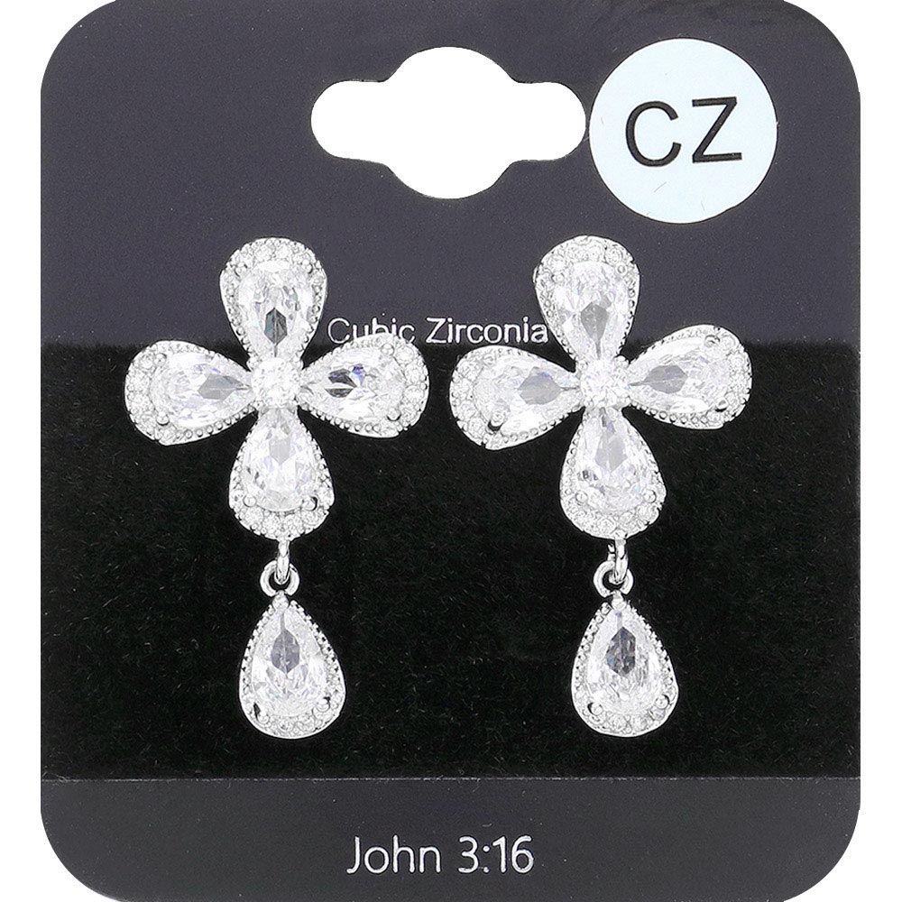 Madeline Love Clear, Rhodium CZ Flower Pointed Teardrop Stone Dangle Evening Earrings