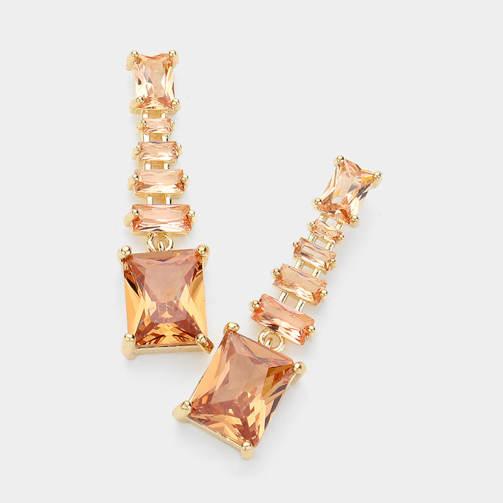Madeline Love Gold, Lt Col Topaz CZ Emerald Cut Stone Dangle Evening Earrings