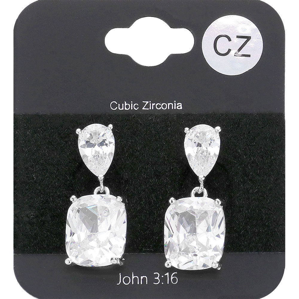 Madeline Love Rhodium CZ Teardrop Rectangle Stone Cluster Dangle Evening Earrings