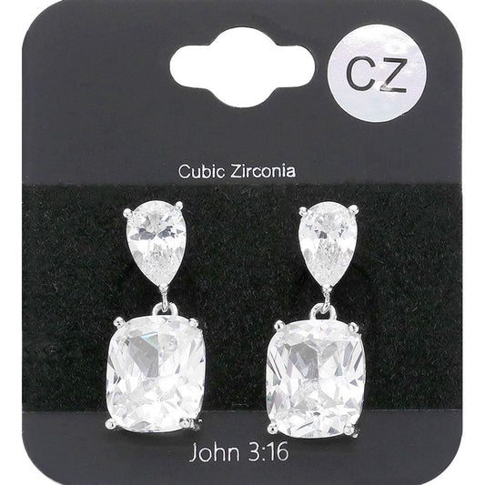 Madeline Love Rhodium CZ Teardrop Rectangle Stone Cluster Dangle Evening Earrings