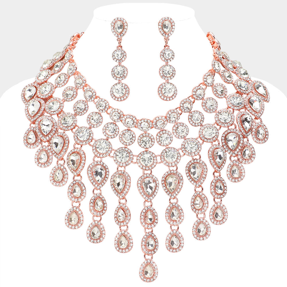 Madeline Love Clear, Rose Gold Round Teardrop Stone Cluster Evening Bib Necklace