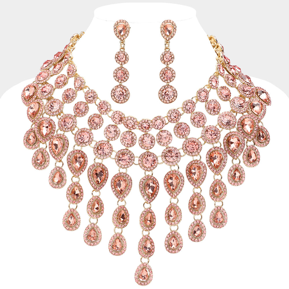 Madeline Love Gold, Peach Round Teardrop Stone Cluster Evening Bib Necklace