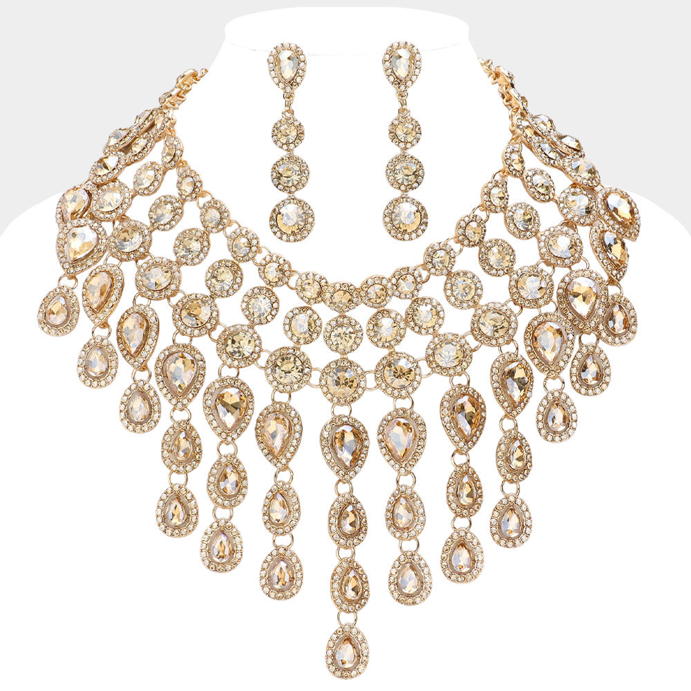 Madeline Love Gold, Lt Col Topaz Round Teardrop Stone Cluster Evening Bib Necklace