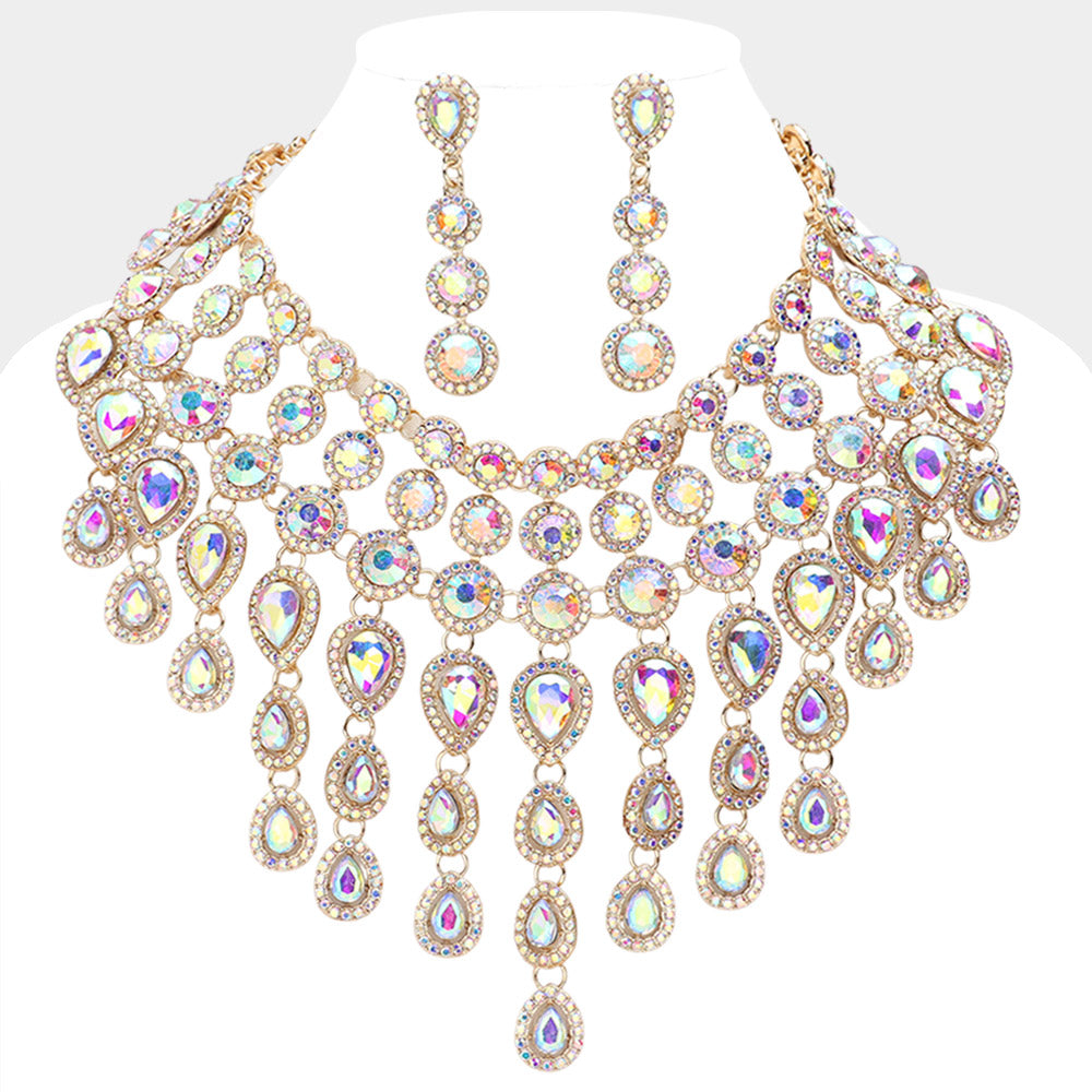 Madeline Love AB, Gold Round Teardrop Stone Cluster Evening Bib Necklace