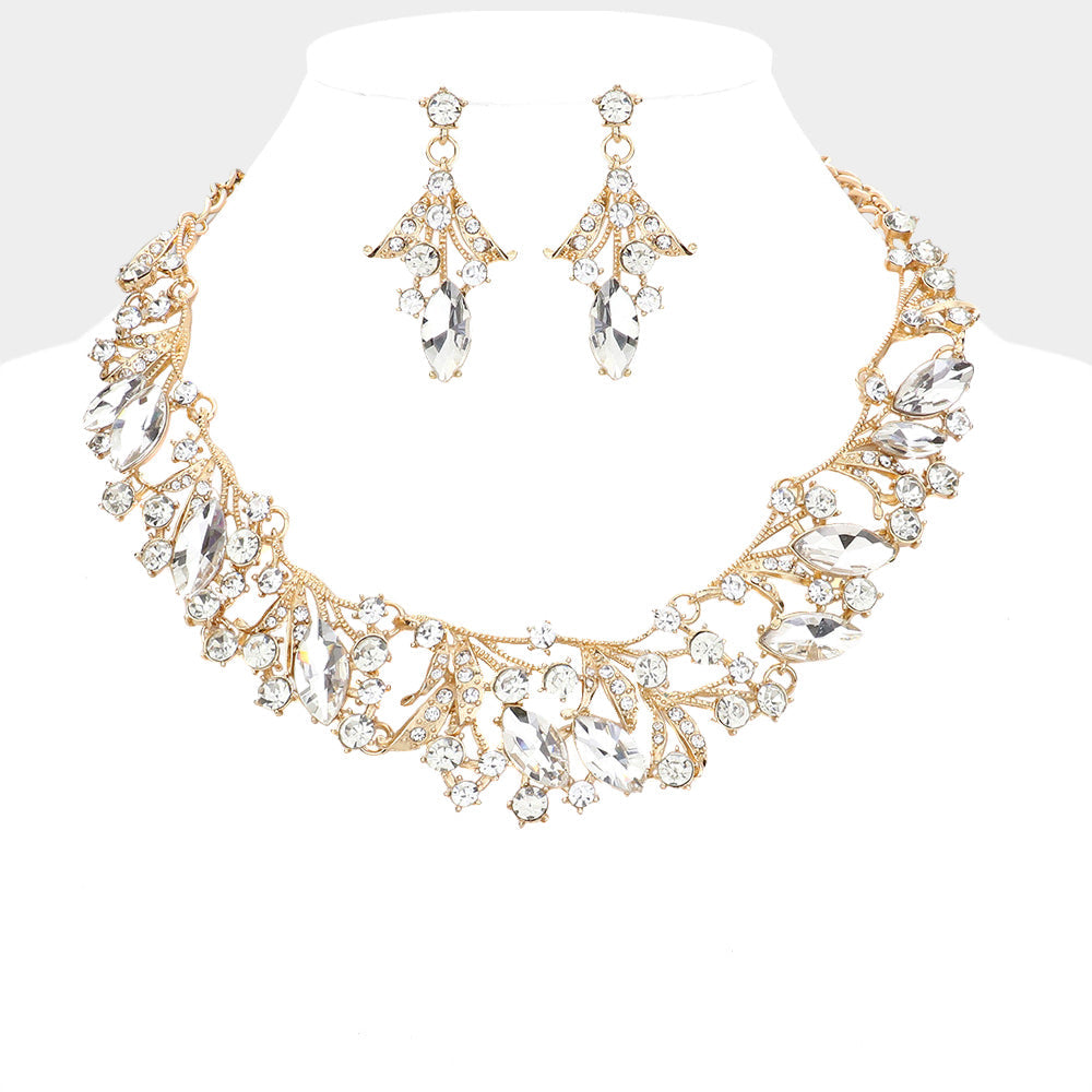 Madeline Love Clear, Gold Marquise Stone Accented Leaf Evening Necklace