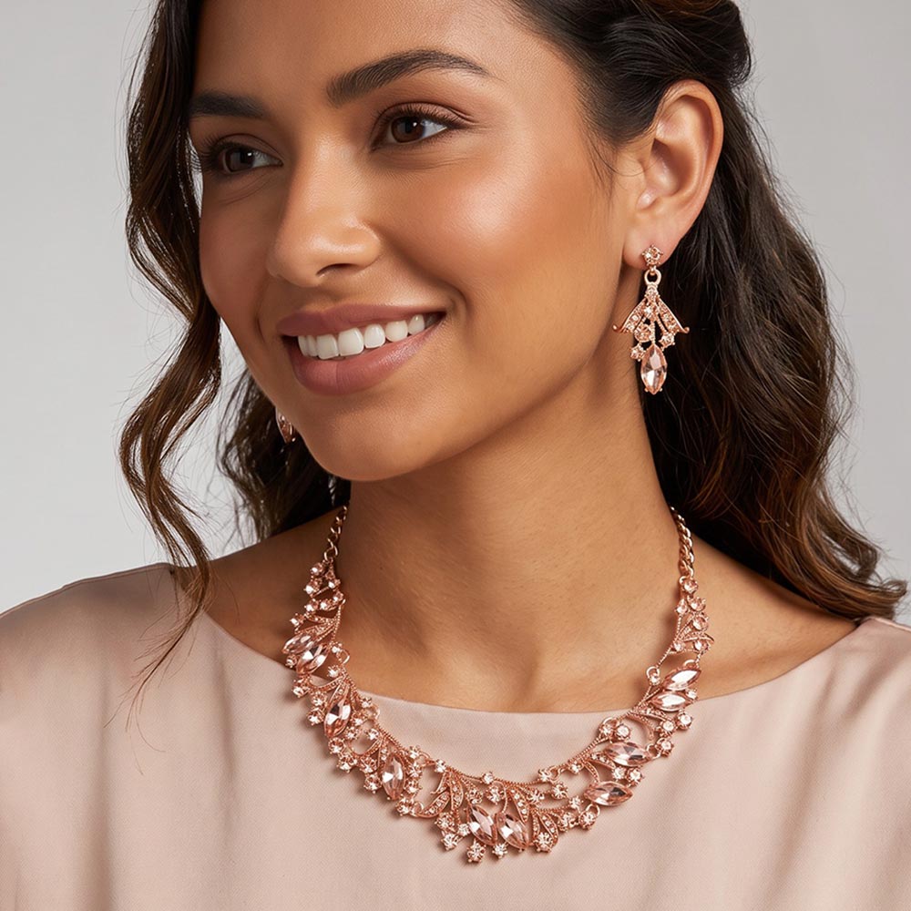 Madeline Love Gold, Peach Marquise Stone Accented Leaf Evening Necklace
