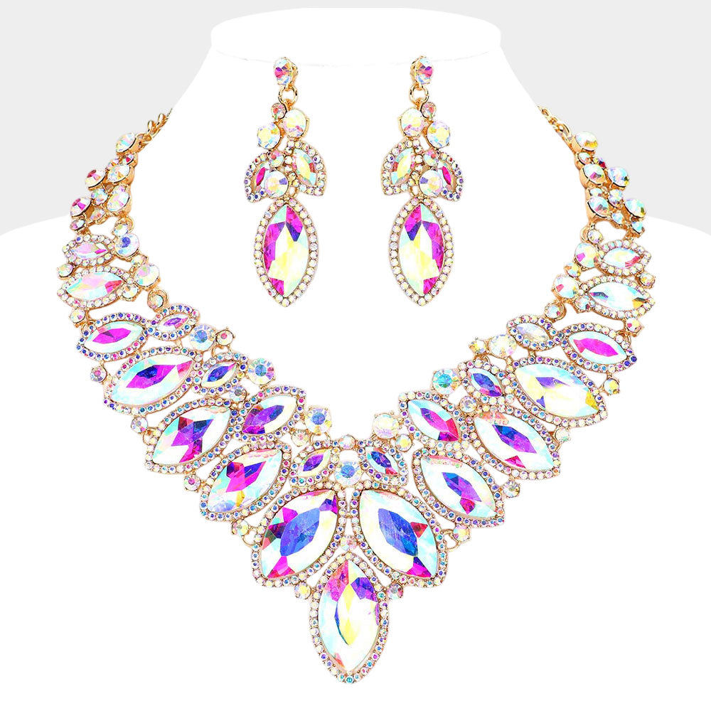 Madeline Love AB, Gold Marquise Stone Cluster Embellished Evening Necklace