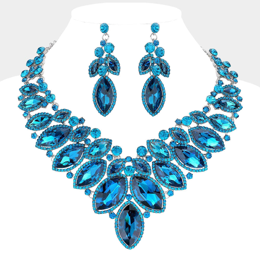 Madeline Love Blue Zircon, Silver Marquise Stone Cluster Embellished Evening Necklace
