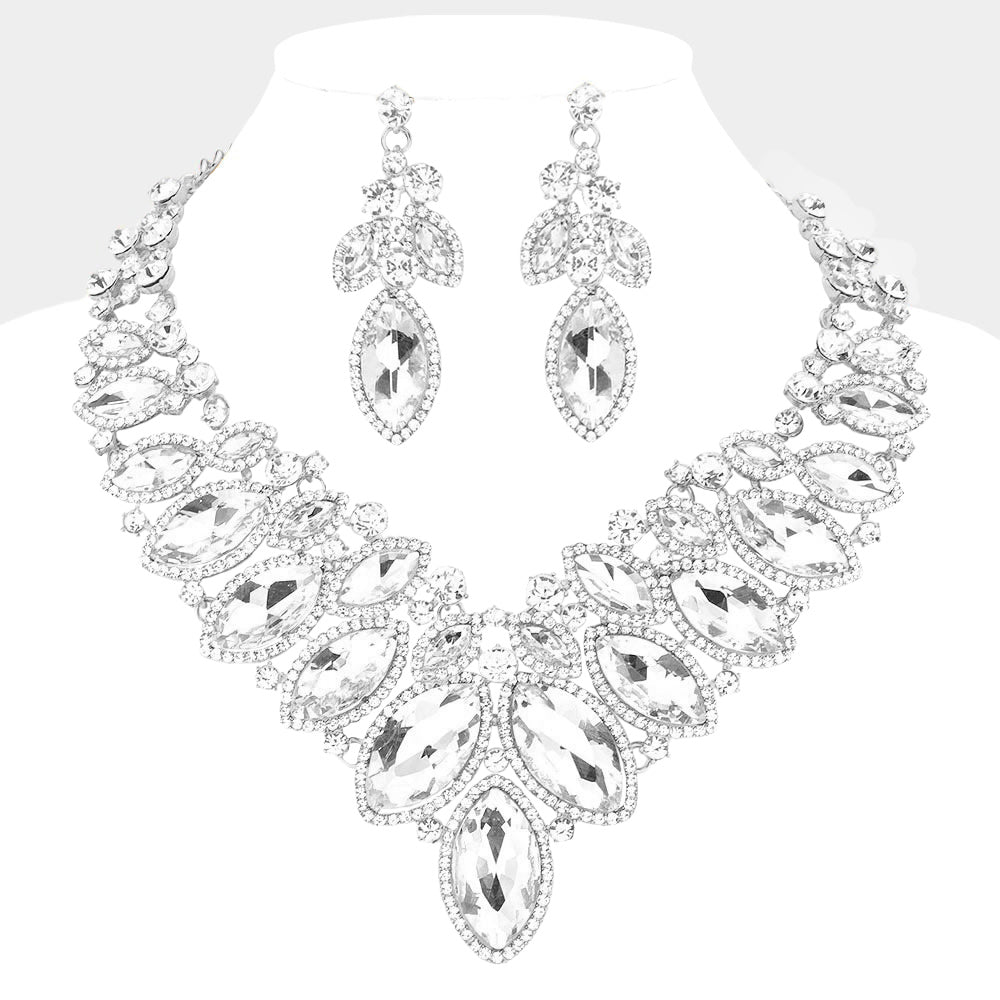 Madeline Love Silver Marquise Stone Cluster Embellished Evening Necklace