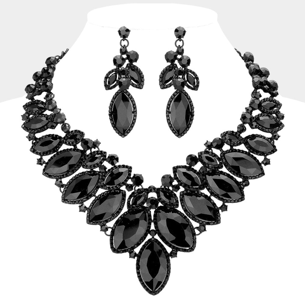 Madeline Love Black, Jet Black Marquise Stone Cluster Embellished Evening Necklace