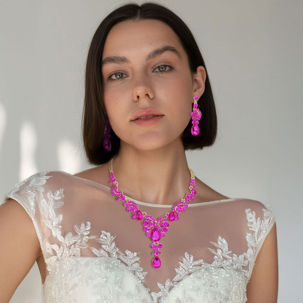 Madeline Love Fuchsia, Gold Teardrop Stone Accented Evening Necklace