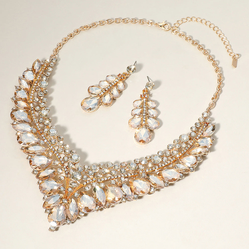 Madeline Love Gold, Lt Col Topaz Teardrop Marquise Round Stone Embellished V Shaped Evening Necklace