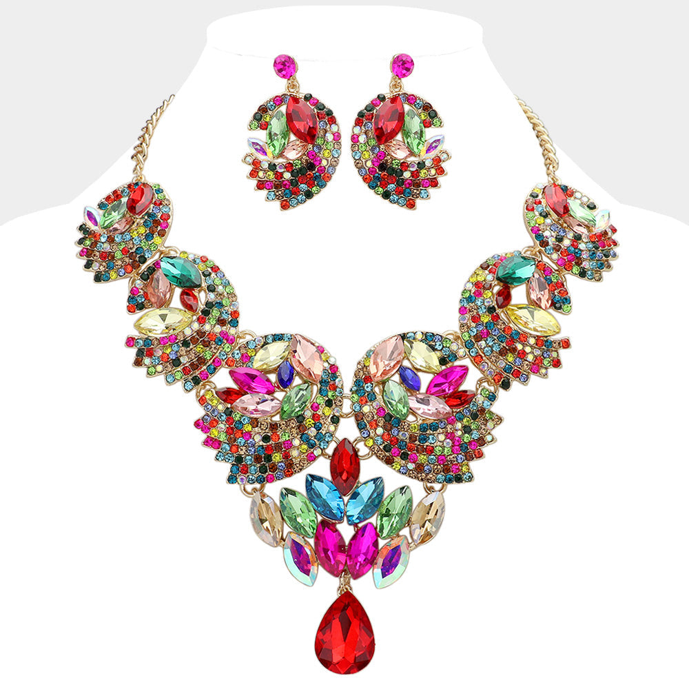 Madeline Love Gold, Multi Teardrop Marquise Stone Embellished Rhinestone Paved Abstract Bib Statement Necklace