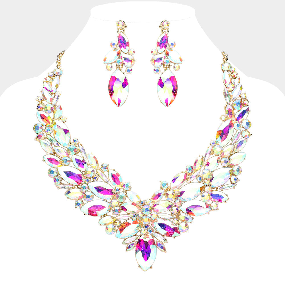 Madeline Love AB, Gold Marquise Stone Cluster Embellished Evening Necklace