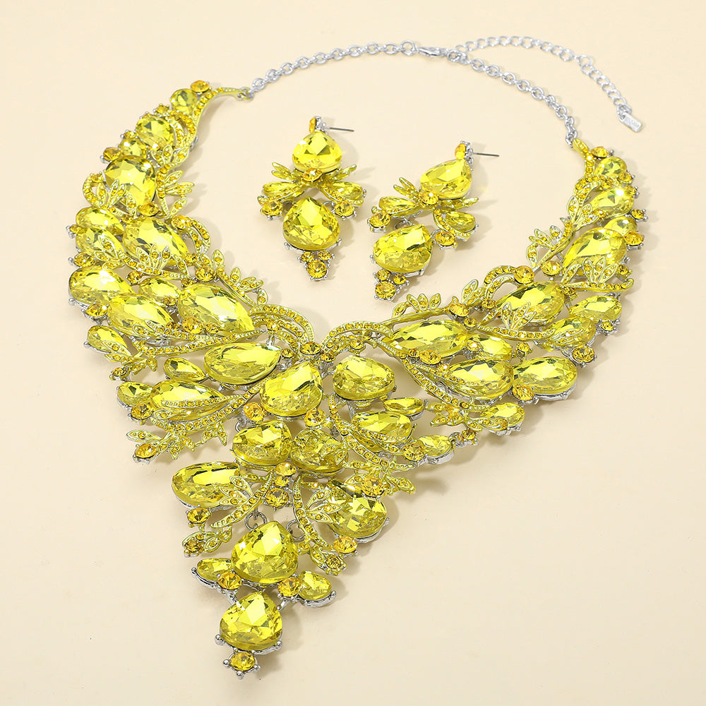 Madeline Love Silver, Yellow Bold Teardrop Stone Cluster Statement Evening Necklace