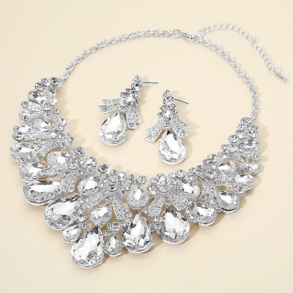 Madeline Love Clear, Silver Teardrop Stone Cluster Embellished Bib Statement Evening Necklace