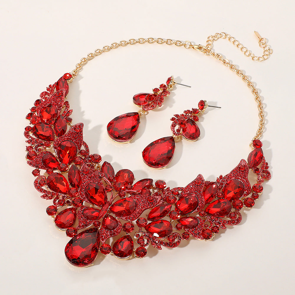 Madeline Love Gold, Red Butterfly Glass Stone Cluster Pointed Teardrop Stone Cluster Evening Necklace