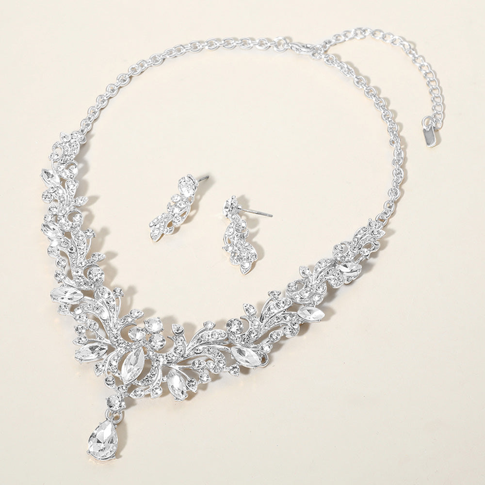 Madeline Love Clear, Silver Marquise Stone Cluster Embellished Evening Necklace