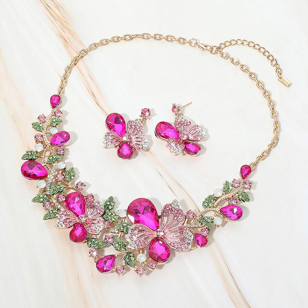 Madeline Love Fuchsia, Gold Floral Crystal Embellished Evening Necklace