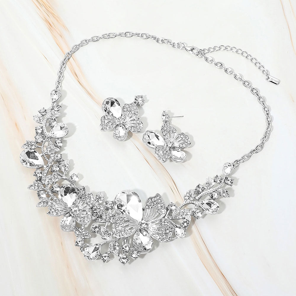 Madeline Love Clear, Rhodium Floral Crystal Embellished Evening Necklace