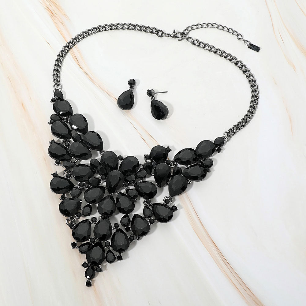 Madeline Love Black, Jet Black Bold Teardrop Cluster Embellished Evening Necklace