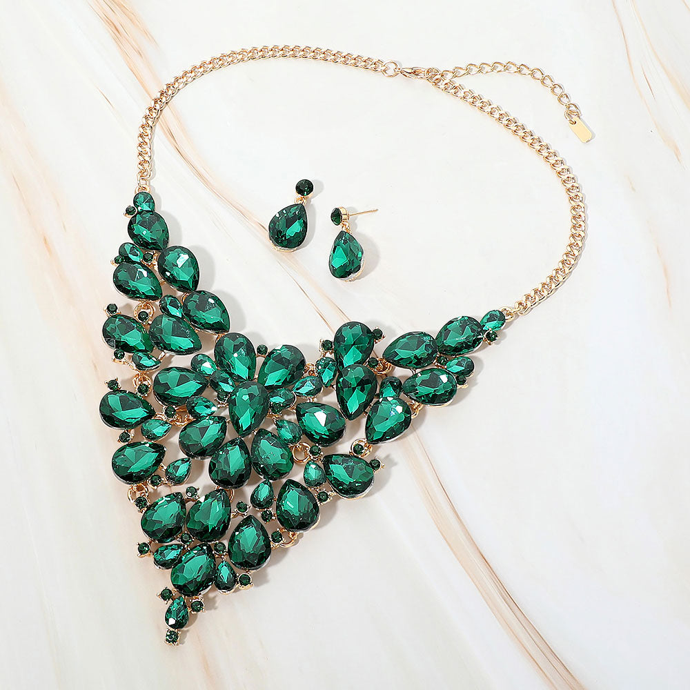 Madeline Love Emerald, Gold Bold Teardrop Cluster Embellished Evening Necklace