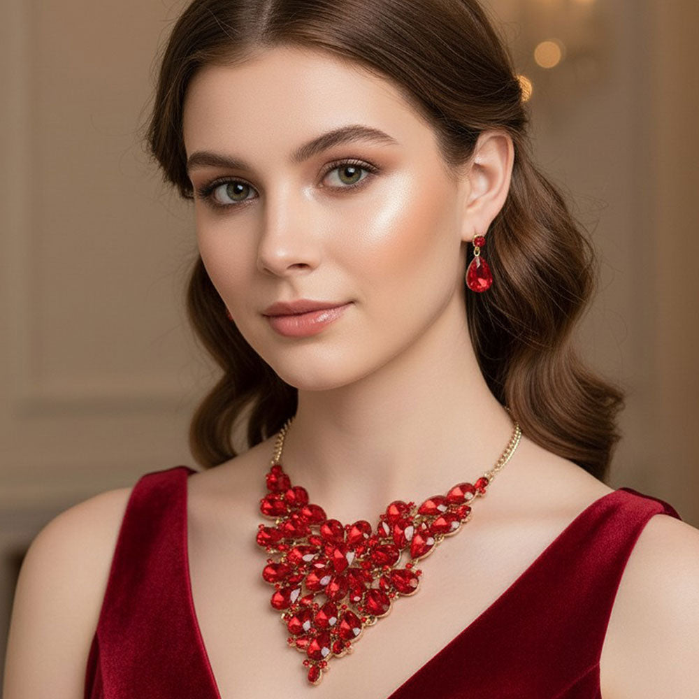 Madeline Love Gold, Red Bold Teardrop Cluster Embellished Evening Necklace