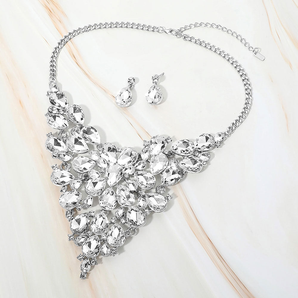 Madeline Love Clear, Rhodium Bold Teardrop Cluster Embellished Evening Necklace