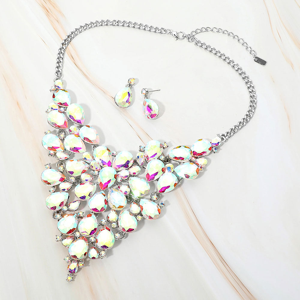 Madeline Love AB, Rhodium Bold Teardrop Cluster Embellished Evening Necklace