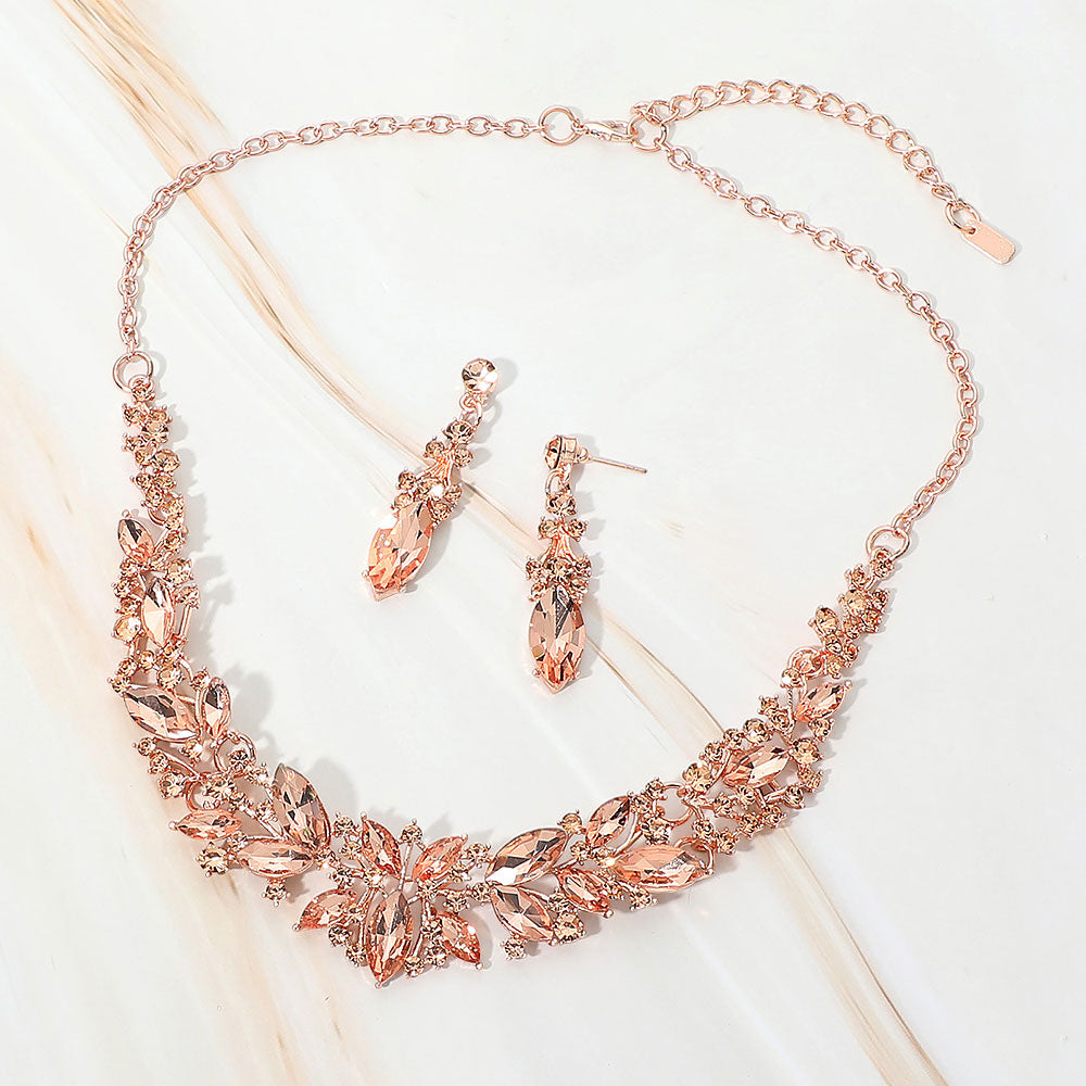 Madeline Love Peach, Rose Gold Marquise Stone Cluster Embellished Evening Necklace