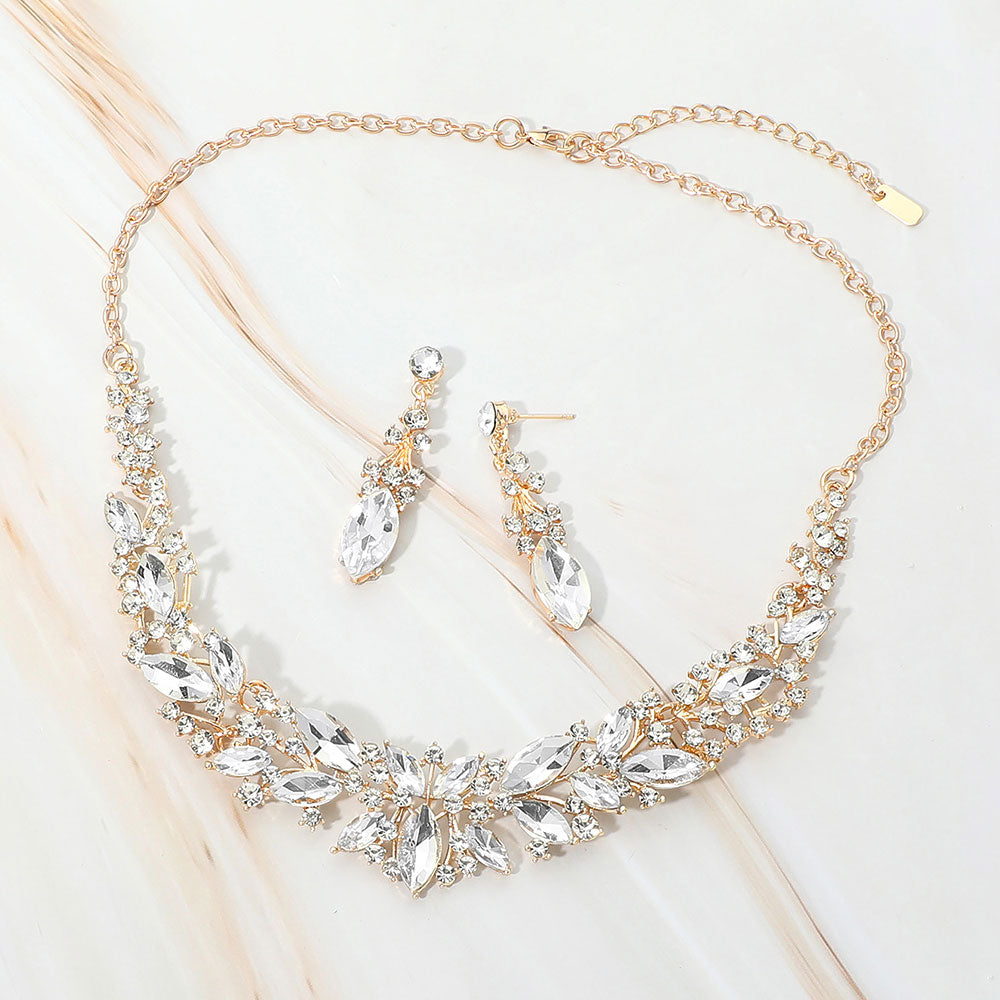 Madeline Love Clear, Gold Marquise Stone Cluster Embellished Evening Necklace