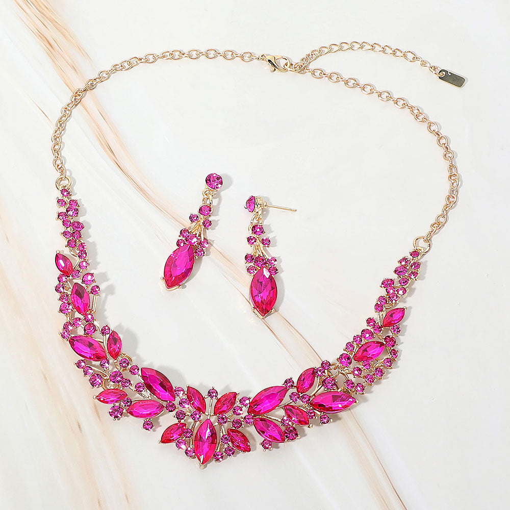 Madeline Love Fuchsia, Gold Marquise Stone Cluster Embellished Evening Necklace