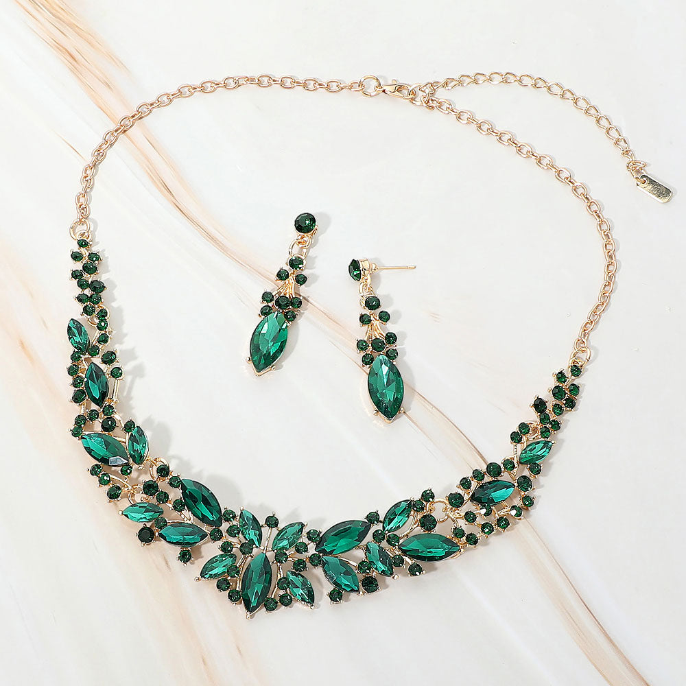Madeline Love Emerald, Gold Marquise Stone Cluster Embellished Evening Necklace