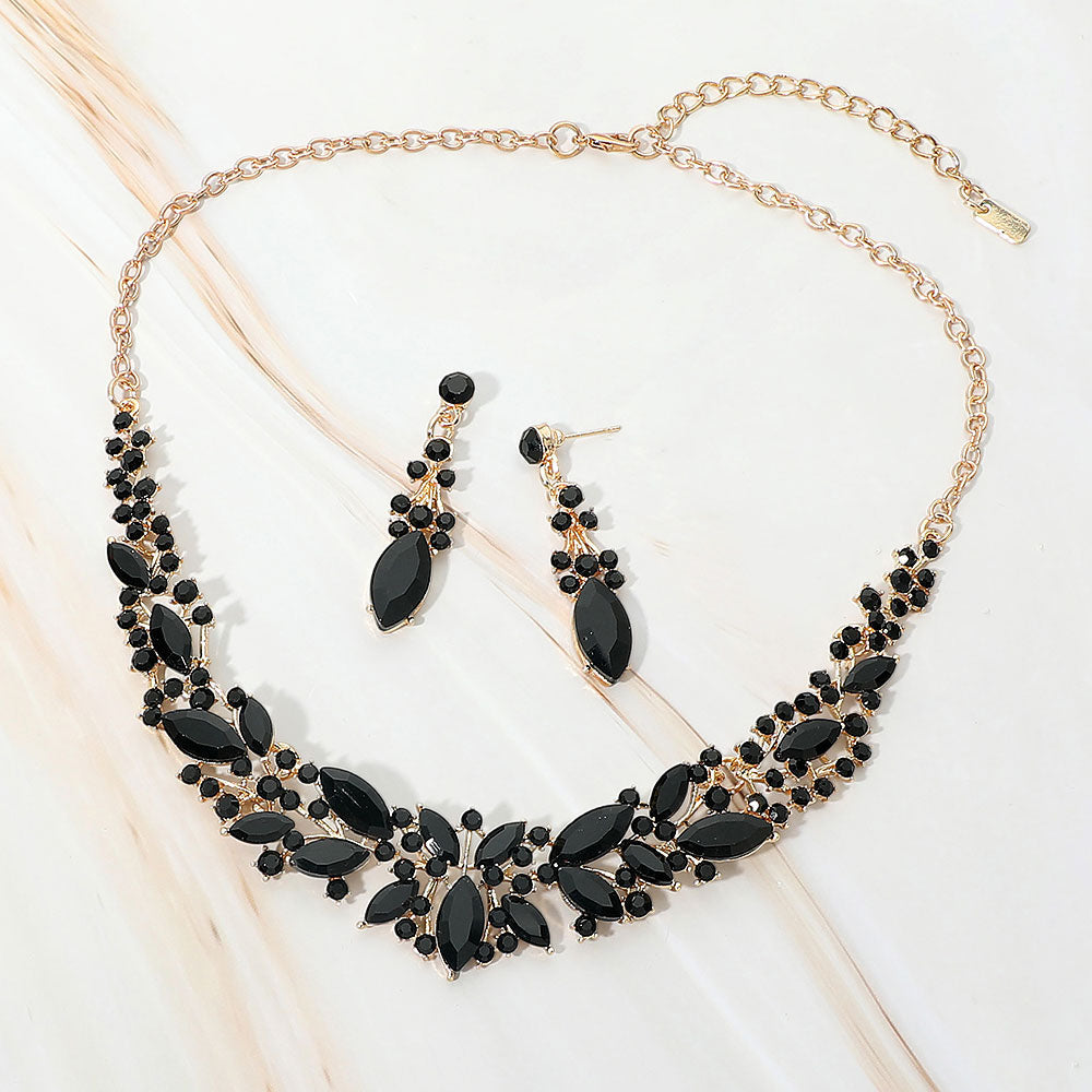 Madeline Love Gold, Jet Black Marquise Stone Cluster Embellished Evening Necklace
