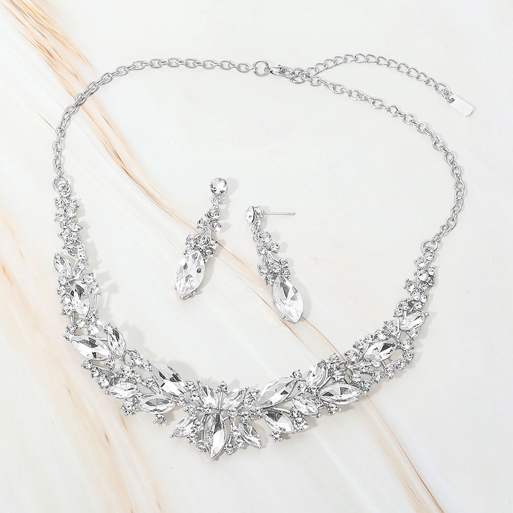 Madeline Love Clear, Rhodium Marquise Stone Cluster Embellished Evening Necklace