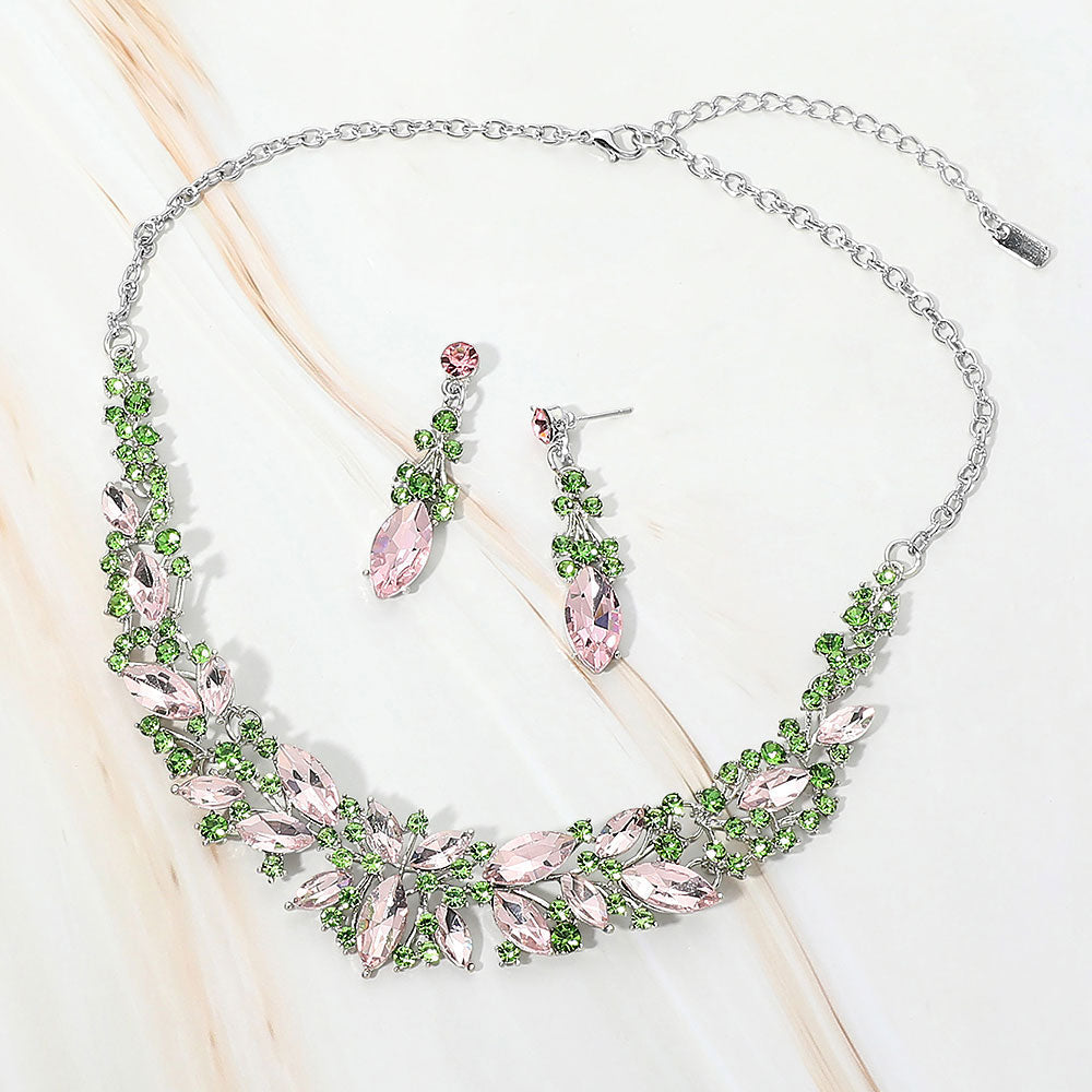 Madeline Love Pink&Green, Rhodium Marquise Stone Cluster Embellished Evening Necklace