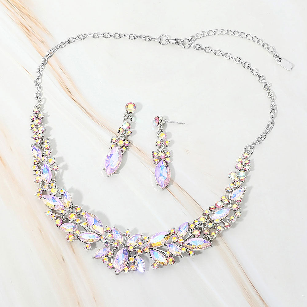 Madeline Love AB, Pink, Rhodium Marquise Stone Cluster Embellished Evening Necklace